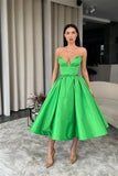 LTP1270, Green Sleeveless Tea Length Satin Prom Dresses, A-Line Evening Party Gown