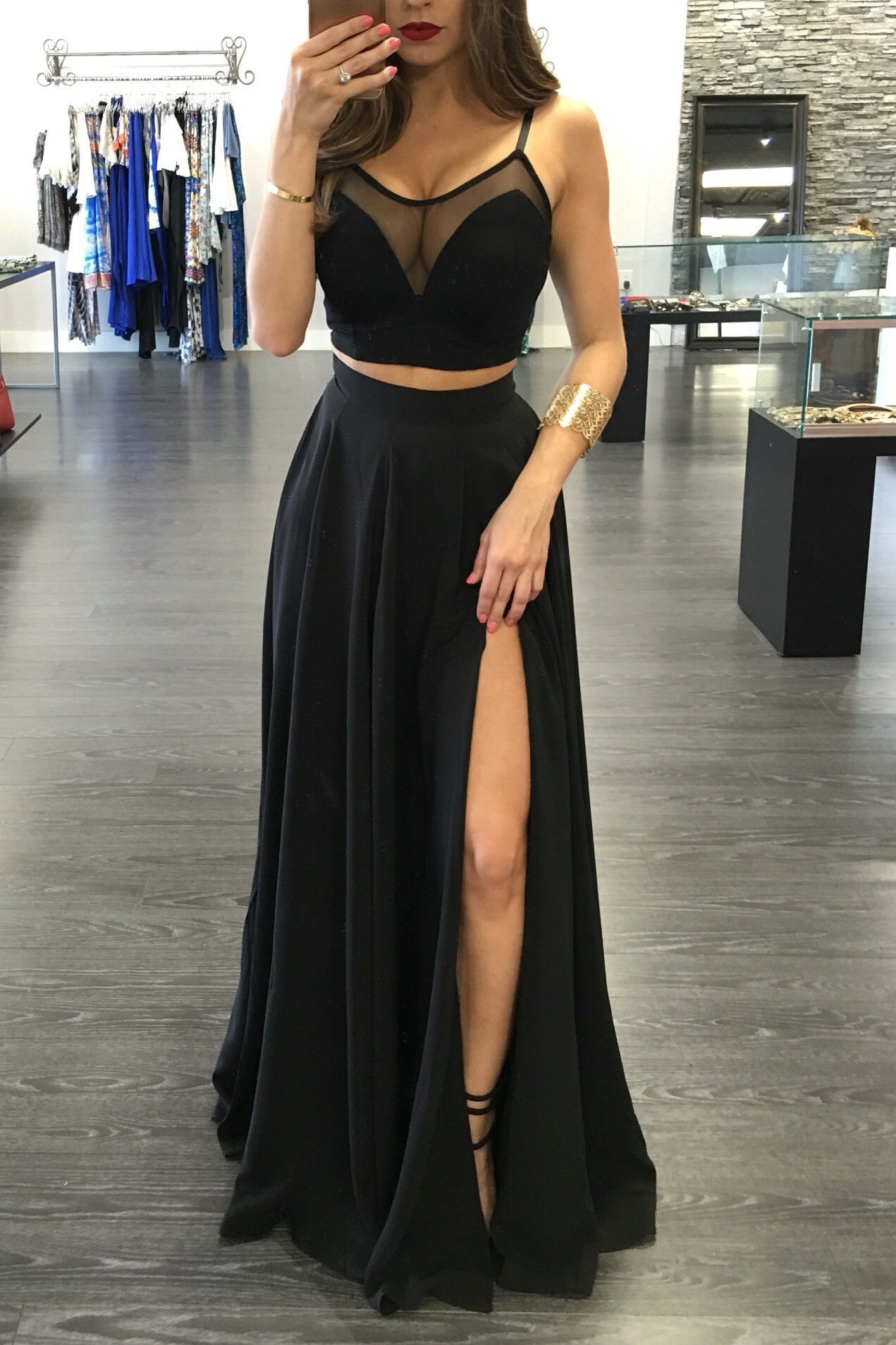 LTP1632,Two Pieces Black Satin Long Prom Evening Dresses,Sleeveless Vintage Formal Gown