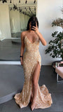 LTP1657,Gold engagement dress spaghetti straps prom dress leg split sequins evening dress