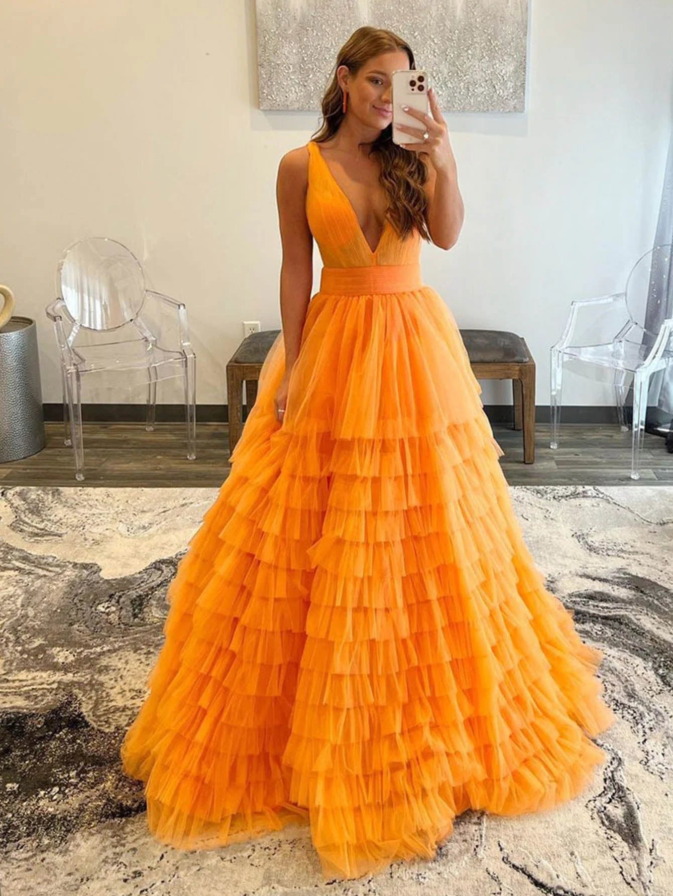 LTP1267, Elegant V Neck Layered Orange Tulle Long Prom Dresses, V Neck Orange Formal Graduation Evening Dresses