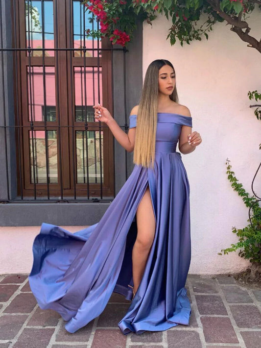 LTP1638,Off the shoulder purple long prom dresses,satin evening dresses with side slit