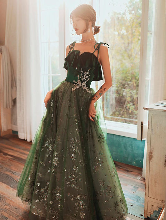 LTP0991,Green spaghetti straps prom dresses sparkle evening gown