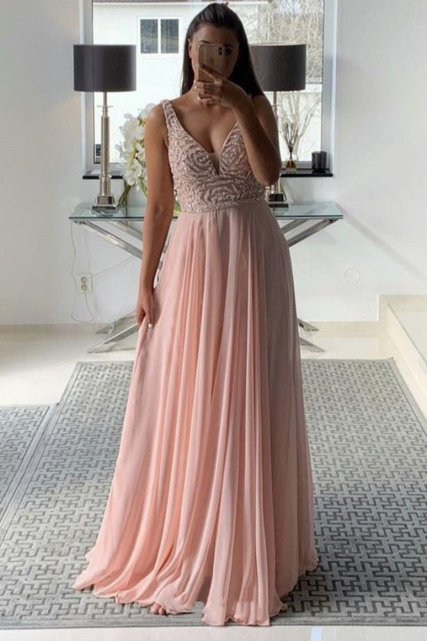 LTP0544,Blush Pink Chiffon Long Prom Dresses Beaded V-Neck Evening Dress