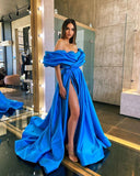 LTP1654,Off the shoulder blue prom dresses,satin a-line evening gown