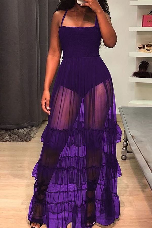 LTP0852,Lovely Trendy Spaghetti Strap Sleeveless See-Through Flounce Purple Cotton Blend Floor Length Prom Evening Dress