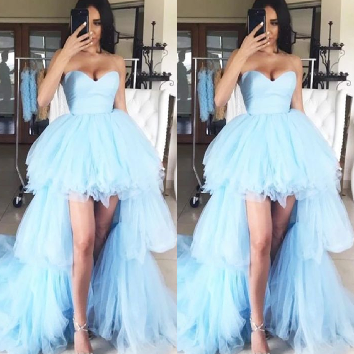 Chic Light Sky Blue Homecoming Dress, Tulle High Neck Homecoming Dress, Party Dress