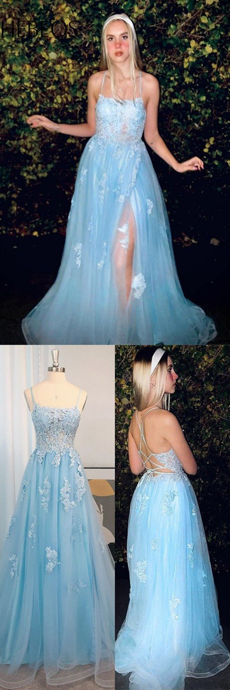LTP0696,Sky blue lace prom dress spaghetti straps tulle prom dresses cross back long evening dress