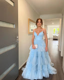 LTP1230,Charming A Line V Neck Light Blue Tulle Long Prom Dresses