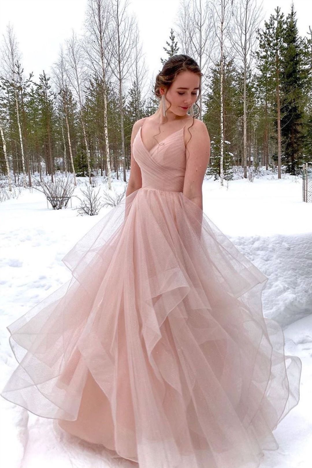 LTP1035,Gorgeous pink pleated evening prom dresses spaghetti straps ruffles tulle prom dress