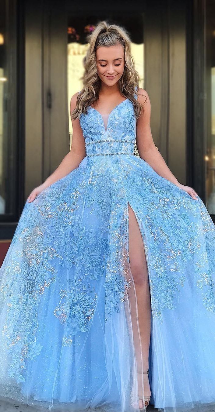 LTP0140,Sky blue applique v-neck beaded prom evening dresses