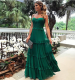 LTP0402,Green Prom Dress Ruffles Chiffon Long Prom Dresses Spaghetti Straps Evening Gown