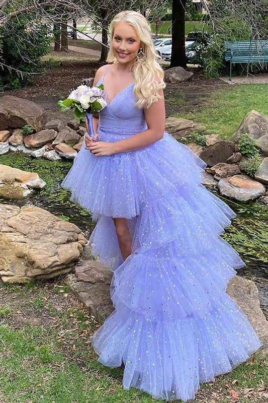 LTP1051,Glitter Hi-Low Lavender Tiered Tulle Prom Dress