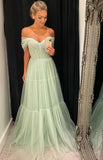 LTP0745,Mint green tulle prom dresses off the shoulder evening dress