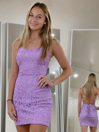 LTP1466,Charming light purple homecoming dresses lace beaded bodycon hoco dress