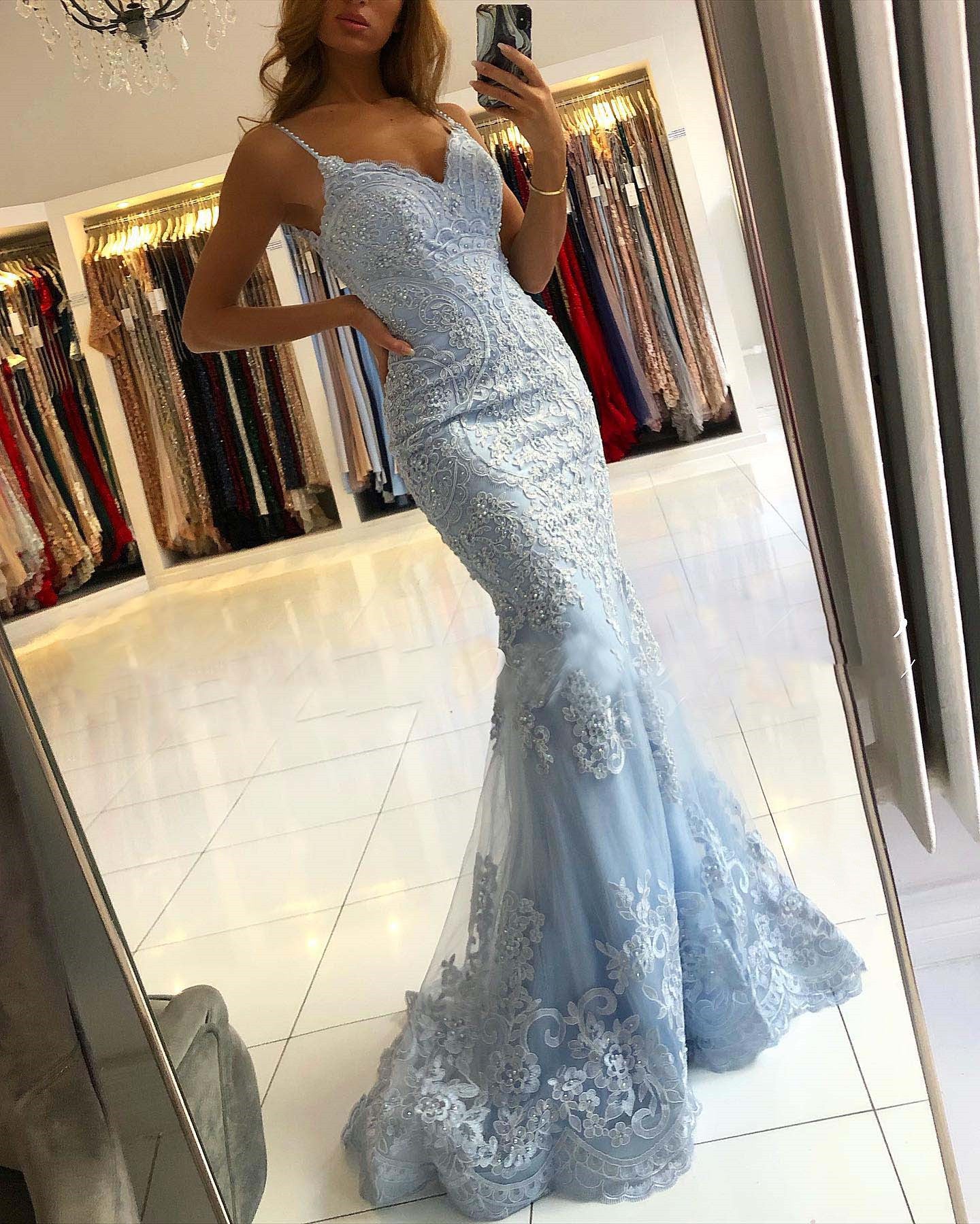 LTP0594,Luxury blue lace mermaid prom dress light blue evening party dresses