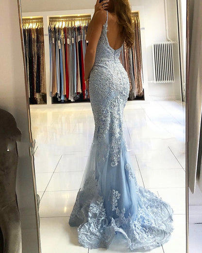 LTP0594,Luxury blue lace mermaid prom dress light blue evening party dresses