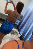 LTP1183,Blue Sequins Lace-Up Mini Homecoming Dress