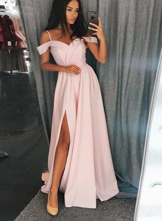 LTP0129,Off Shoulder Pink Long Prom Dresses Satin Long Formal Dresses with Leg Slit Pink Party Dress