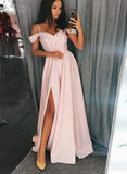 LTP0129,Off Shoulder Pink Long Prom Dresses Satin Long Formal Dresses with Leg Slit Pink Party Dress