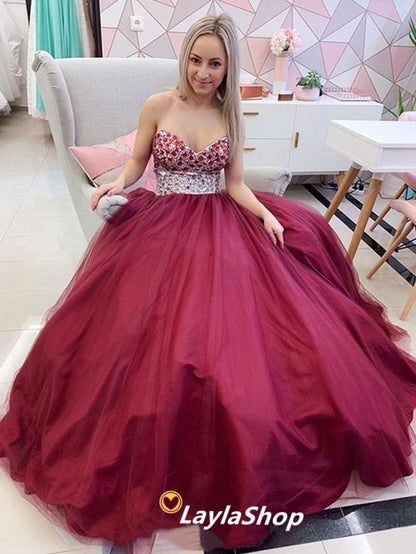 LTP0095,Sweetheart Burgundy Sleeveless A Line Prom Dress with Beading