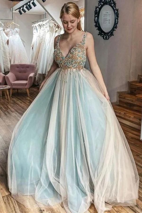 LTP0154,Luxury beading v neck long prom dress a line sleeveless tulle party gown evening dress