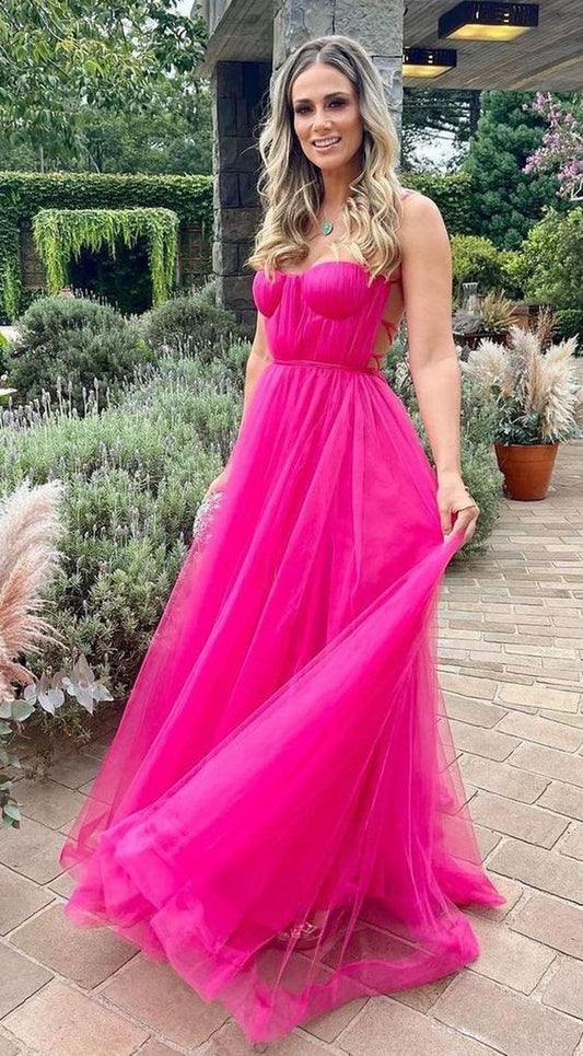 LTP1226,Hot Pink A-Line Prom Dresses,Cross Back Sexy Prom Dress