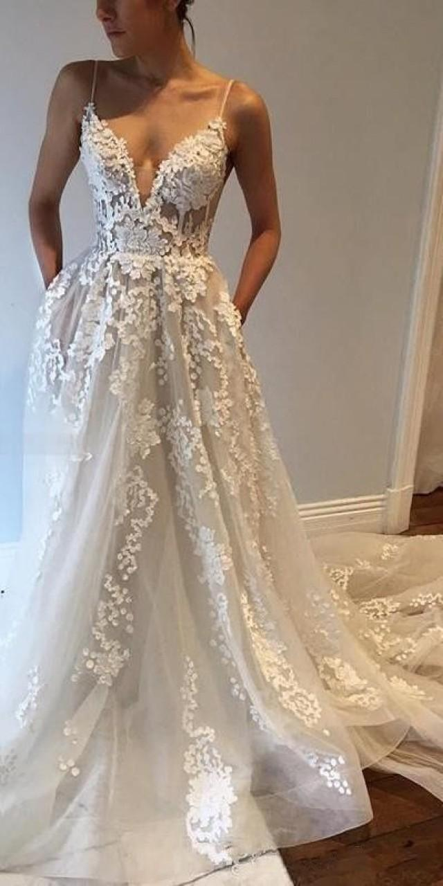 LTP1204,Spaghetti Straps Wedding Dresses,Spaghetti Straps V-Neck Floral Wedding Bridal Gown