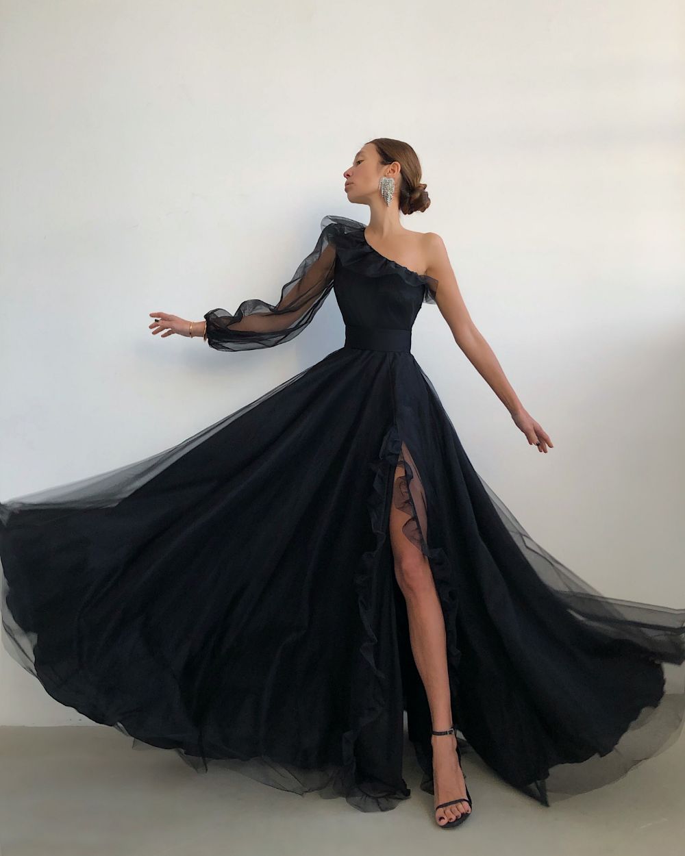 LTP0619,Black one shoulder prom dress with ruffles side slit long evening formal dresses