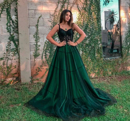 LTP0894,Sexy Spaghetti Straps Green Tulle Prom Dresses with Appliques Lace