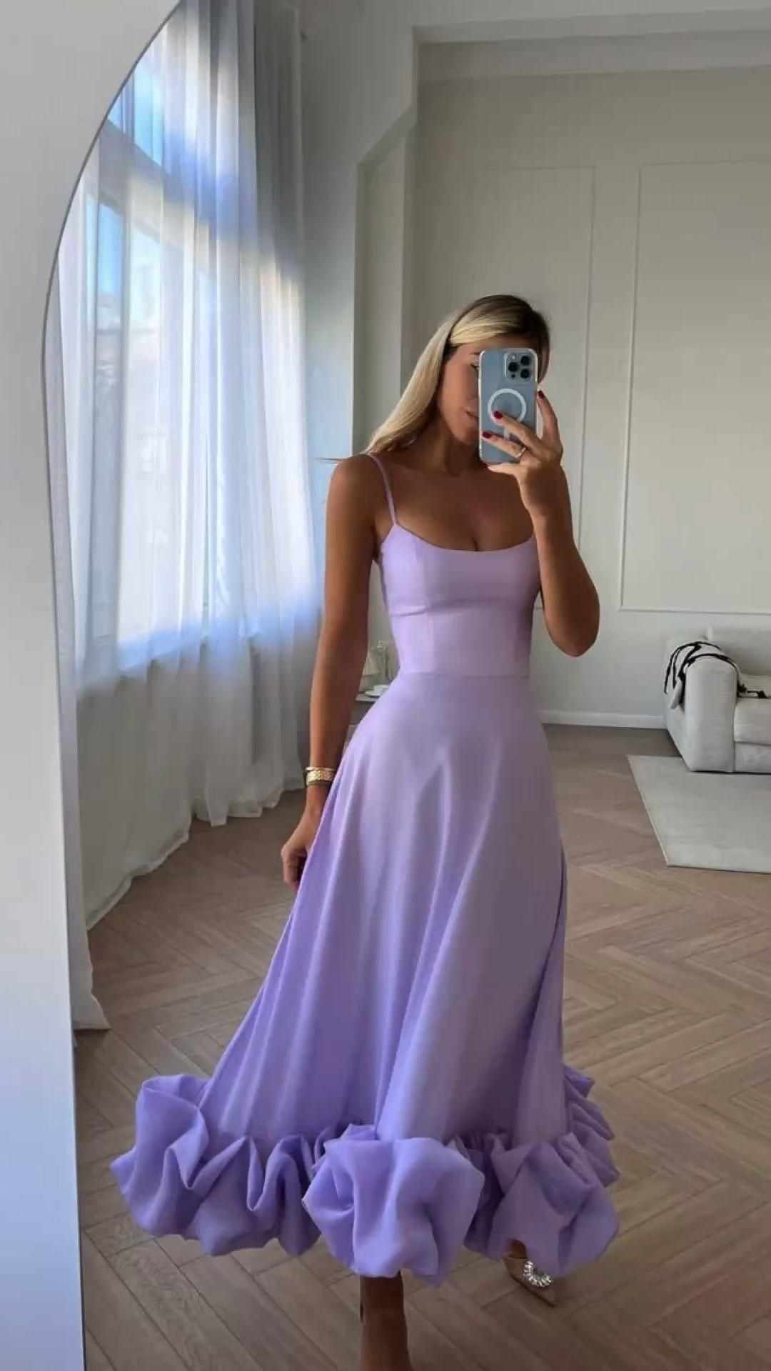 LTP1648,Spaghetti Straps Lilac A-Line Prom Dresses,Tea Length Satin Evening Formal Gown