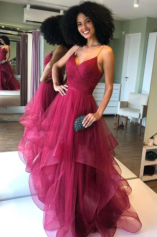 LTP0037,Shiny V Neck Backless Burgundy Prom Dress,Backless Maroon Formal Evening Dress,Fluffy Burgundy Ball Gown