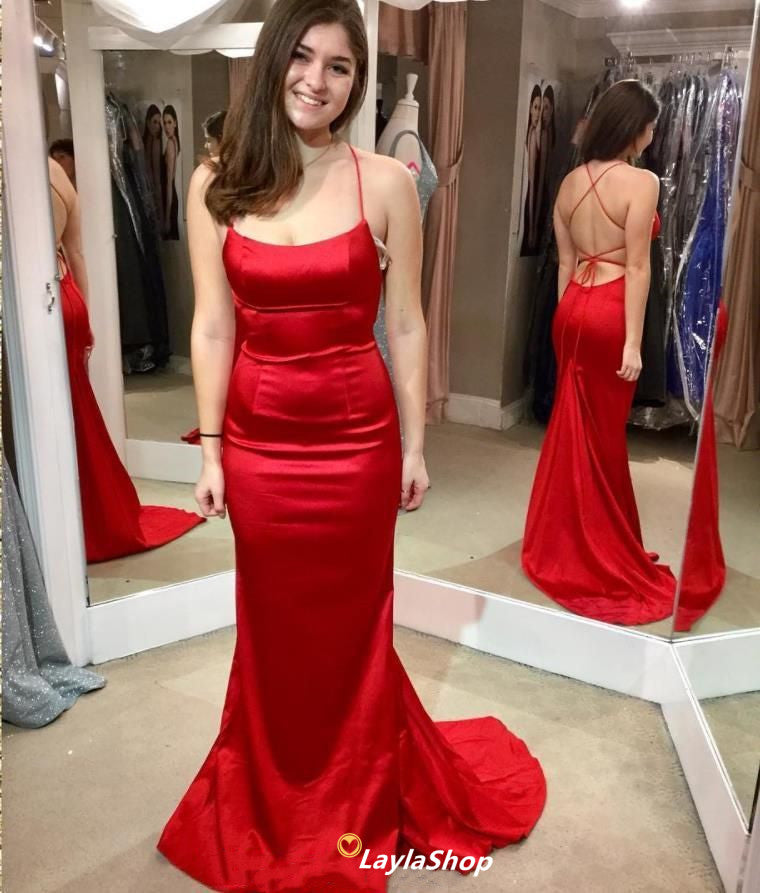 LTP0684,Red spaghetti straps mermaid long prom dress cross back satin red dress long ball gown