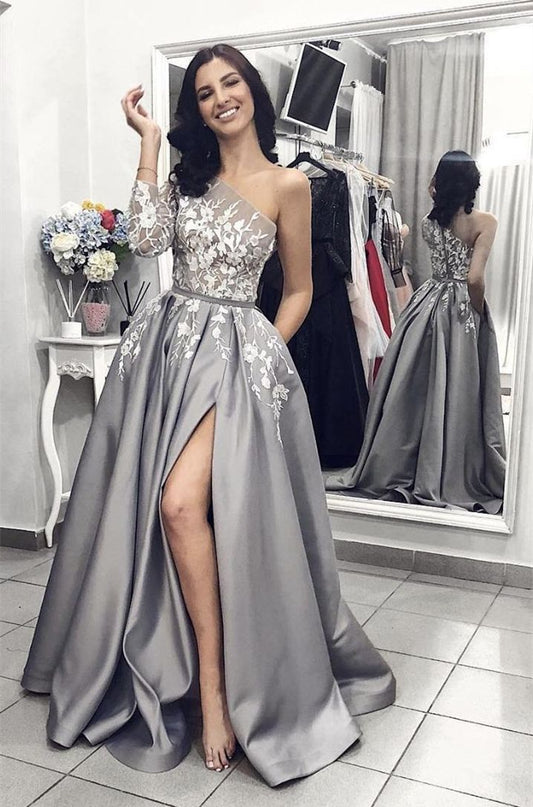 LTP0652,One shoulder satin applique long prom dresses a-line evening party gown