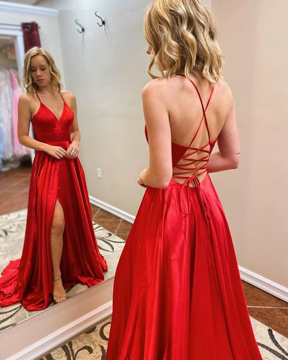 LTP0912,Simple Long Prom Dresses with Slit,Red Evening Dresses