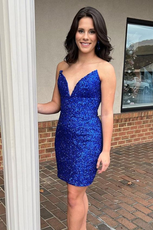 LTP1441,Royal blue sequin sleeveless homecoming dresses tight hoco dress party gown