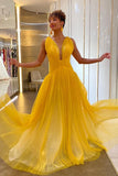 LTP1613,Sexy Yellow Tulle V-Neck Long Prom Evening Dresses