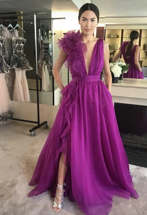 LTP1225,Deep V-Neck Sexy Prom Dresses,Purple Tulle A-Line Evening Party Gown