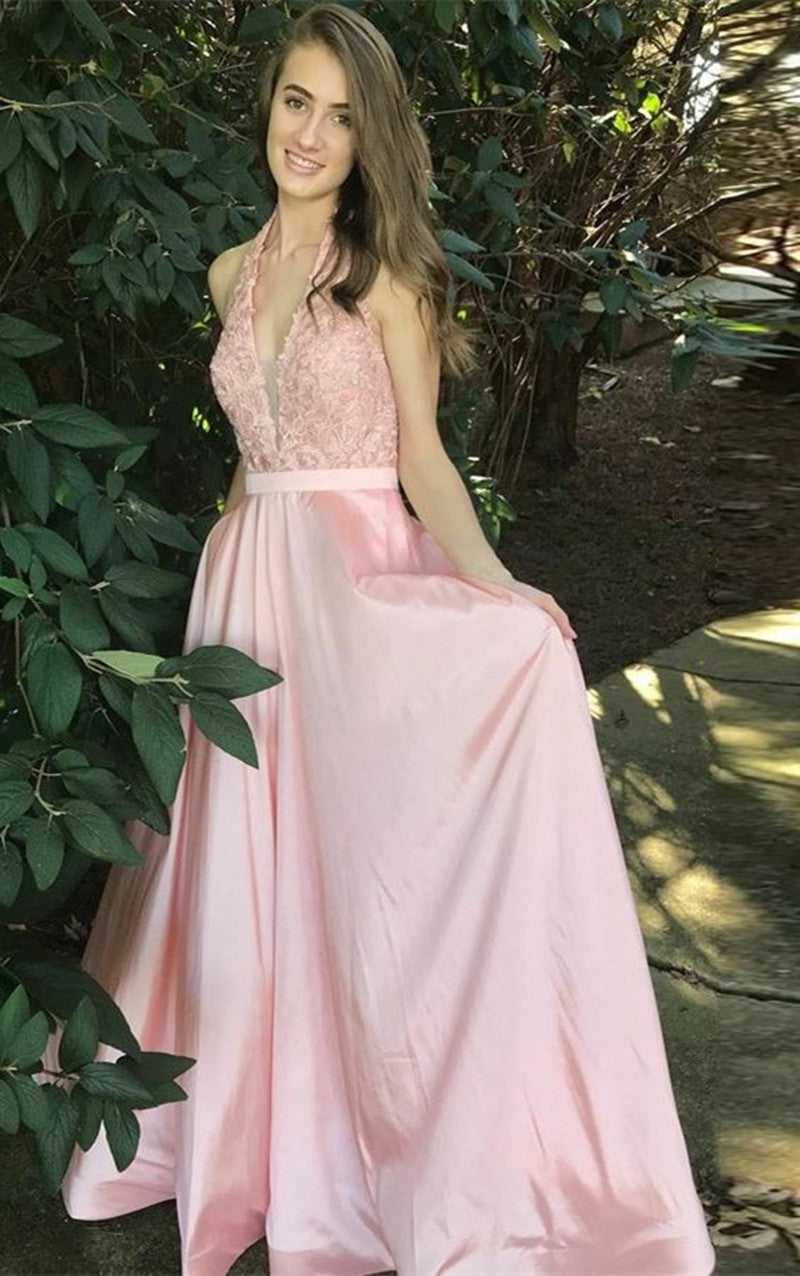 LTP0755,Light pink satin prom evening dresses,v-neck halter formal gown