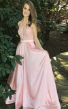 LTP0755,Light pink satin prom evening dresses,v-neck halter formal gown
