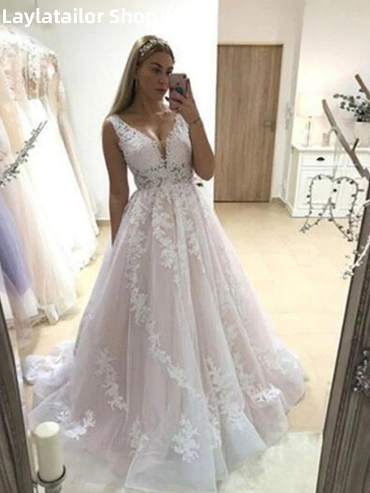 LTP1202,Pink Wedding Dress V Neck Bridal Gowns Backless Sleeveless Lace Bride Dresses Country vestidos de noiva