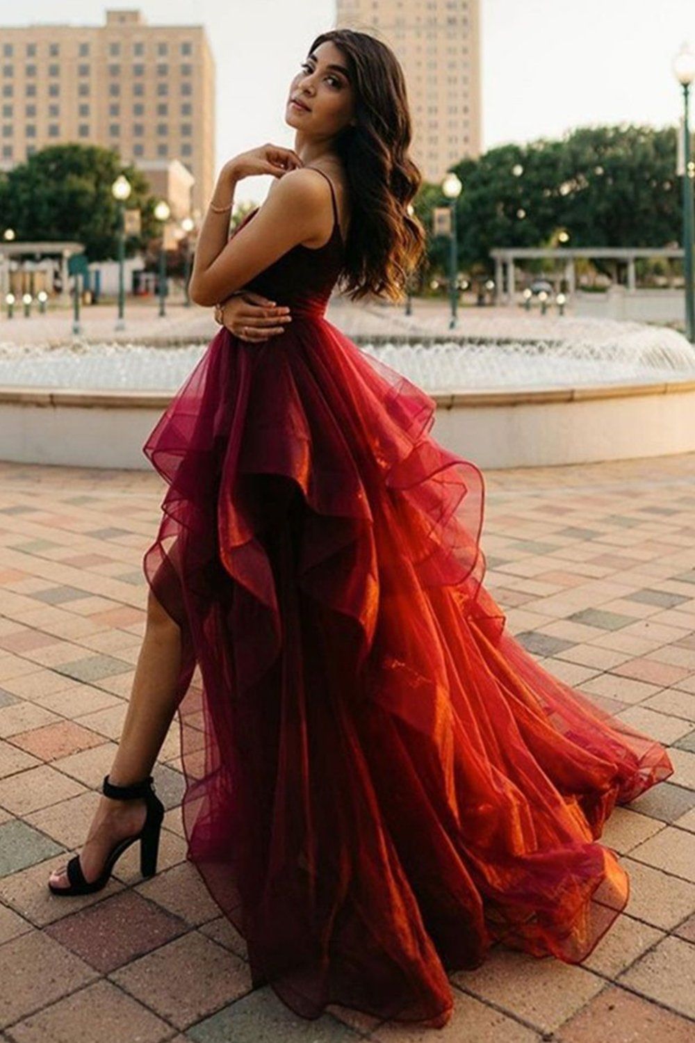 LTP0440,High Low Burgundy Tulle Long Prom Dress, Wine Red High Low Formal Evening Dress