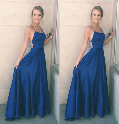 LTP0461,Blue spaghetti straps criss back satin prom dress long evening gown