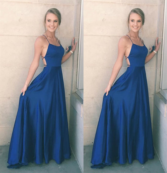 LTP0461,Blue spaghetti straps criss back satin prom dress long evening gown