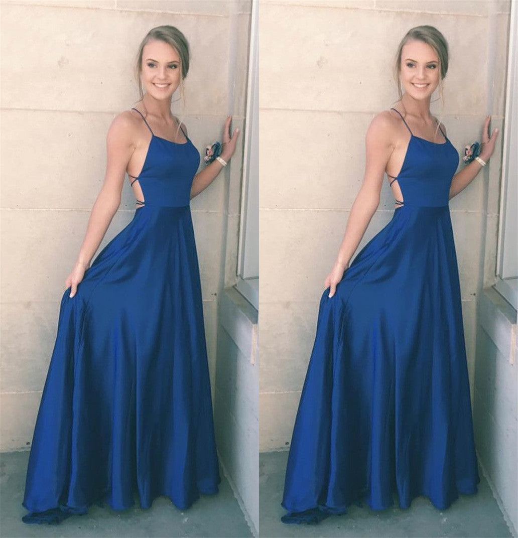 LTP0461,Blue spaghetti straps criss back satin prom dress long evening gown