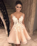 LTP0029,Discount A-Line V Neck Backless Short Prom Dress With Appliques,Open Back Homecoming Dress