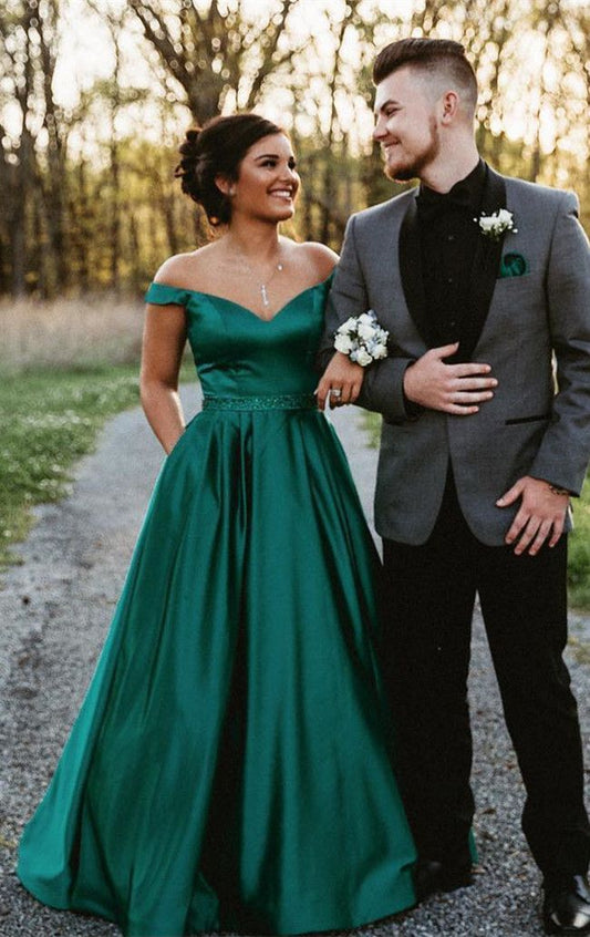 LTP0763,Green A-Line Off The Shoulder Prom Dresses Beaded Satin Evening Party Dress