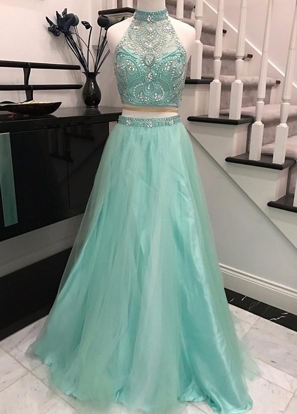 LTP0647,Mint Halter Two Pieces Long Tulle Prom Dresses For Teens,Elegant Evening Dresses,Modest Prom Gowns,Cheap Party Dresses,Women Dresses