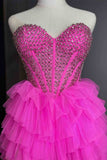 LTP1614,Princess Hot Pink Beaded Sweetheart Tulle Prom Dresses With Ruffles Skirt