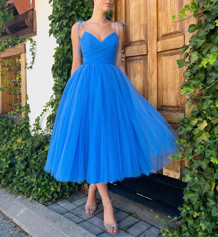 LTP1269,Princess Blue Pleated A-Line Tulle Prom Evening Dresses, Tea Length Homecoming Graduation Dress