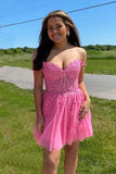 LTP1508,Pink homecoming dresses,off the shoulder homecoming dress,beaded short dresses